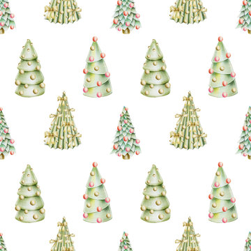 Seamless pattern of christmas trees with decorations, hand drawn on a white background