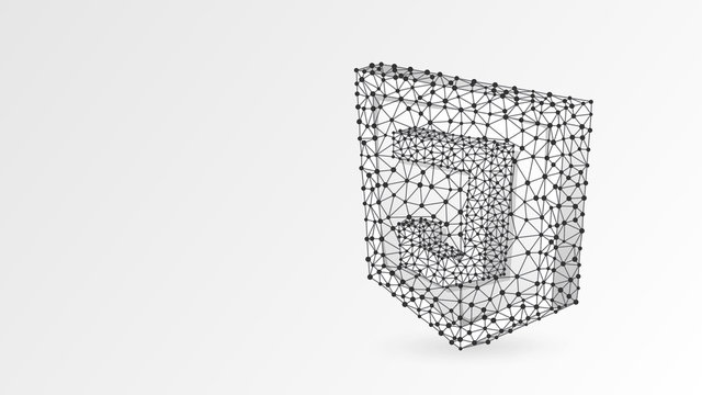 JS, Java Script coding language sign. Device, programming, developing concept. Abstract, digital, wireframe, low poly mesh, Raster white origami 3d illustration Triangle, line dot