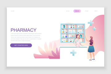 Modern flat web page design template concept of Pharmacist in Pharmacy decorated people character for website and mobile website development. Flat landing page template. Vector illustration.