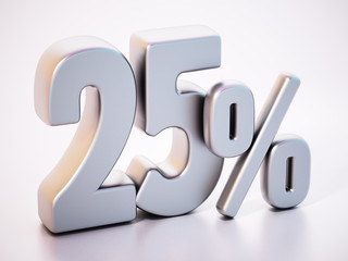25 percent word standing on white surface with soft reflection. 3D illustration