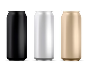 Aluminum Can Blank. Round Soda or Juice Tin Isolated Mockup. Silver, Black and Gold Aluminium Metal Can Template Pack. Cold Cola or Water Stainless Steel Cylinder Tin Mock Up for Advertising