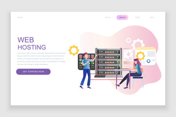 Modern flat web page design template concept of Web Hosting decorated people character for website and mobile website development. Flat landing page template. Vector illustration.