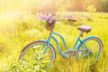 Naklejka premium Vintage bicycle with basket full of flowers standing in the sunny field