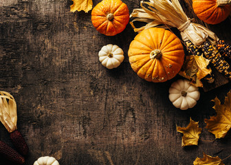 Autumn background with festive decoration, small pumpkins, decorative corn, maple leaves. Top view. Copy space.