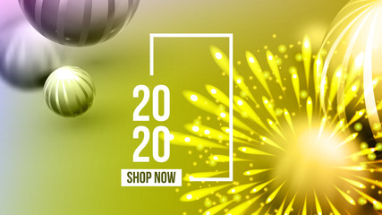 Creative Invitation Card Celebrating 2020 Vector. Realistic Yellow Golden Air Water Bubble Bulb And Number 2020 Two Thousand Twenty And Fireworks On Greeting-card. Horizontal Poster 3d Illustration
