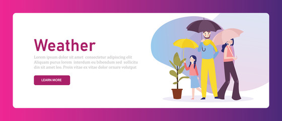 Group of family holding umbrella parent protect their children from weather season. Web banner illustration.