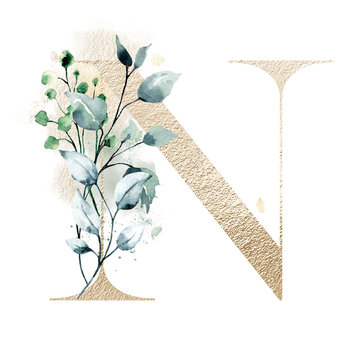 Letter N with watercolor leaves. Floral gold alphabet, monogram initials perfectly for personalized wedding invitations, greeting card, logo and other. Holiday design.