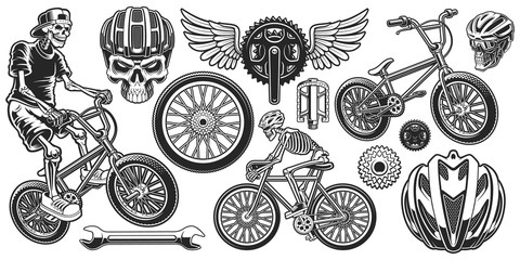Set of black and white design elements for bicycle theme.
