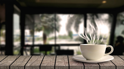 White coffee cups on wooden floors in coffee shops