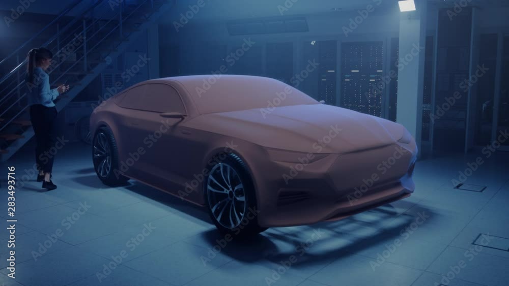 Poster Female Automotive Engineer Uses Digital Tablet with Augmented Reality for Car Design Improvement. 3D Graphics Visualization Shows Vehicle Prototype in Real Time Developing into Futuristic Concept