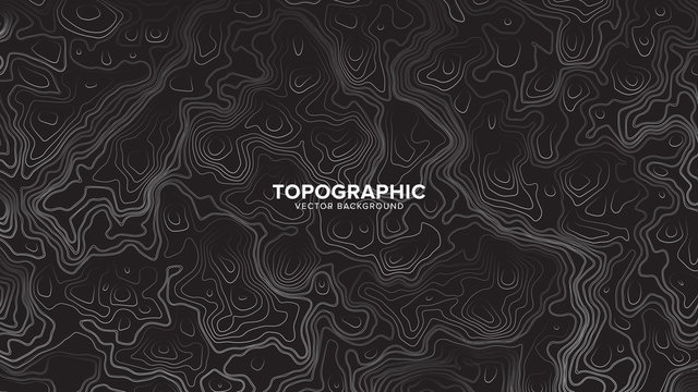 Topographic Contour Map Dark Black And White Vector Abstract Background. Rendered Wavy Lines Ultra Wallpaper. Sci-Fi Futuristic Technology Concept Line Art Picture