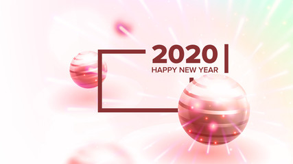 Creative Invitation Card Celebrating 2020 Vector. Realistic Yellow Golden Air Water Bubble Bulb And Number 2020 Two Thousand Twenty And Fireworks On Greeting-card. Horizontal Poster 3d Illustration