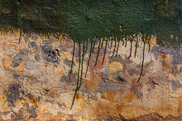 Old dirty, cracked wall with abstract spray paint texture background. Shaded graffiti tag on an old abstract wall. Stains of dark paint with drips on the surface