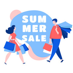 Woman and man walking with purchase buy paper bags . Summer sale discount black friday start .