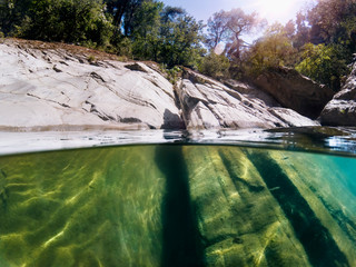 C:\DCIM\101GOHalf an underwater view taken from the river in the mountain forest, the rocks extend into the water and the moss-filled trees are full of trees.PRO\GOPR5660.GPR