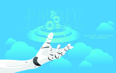AI robot bionic hand arm with gear machine, network plexus connection system, data deep learning, cloud storage computing, global of artificial intelligence, cartoon vector illustration