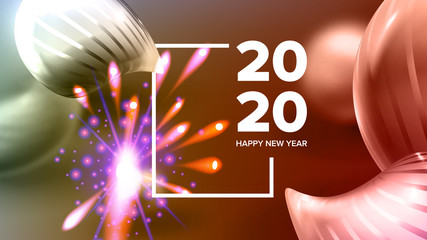 Beautiful Invitation Card Celebrating 2020 Vector. Realistic Bright Fireworks, Sphere And White 2020 Two Thousand Twenty Frame Invite On Party. Stylish Colorful Horizontal Postcard 3d Illustration