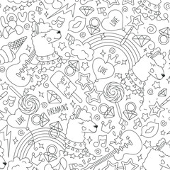 Coloring page. Cute llama pattern on a white background. Fashion illustration drawing in modern style for clothes. Black and white abstract outline seamless pattern.