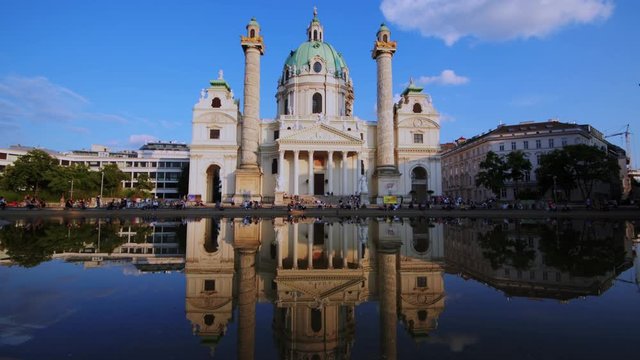 View of Karlkirsche church in Vienna with reflections