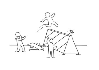 Obraz premium Sketch of little people with bariier. Doodle cartoon scene about overcoming the obstacle. Hand drawn vector illustration for business design.