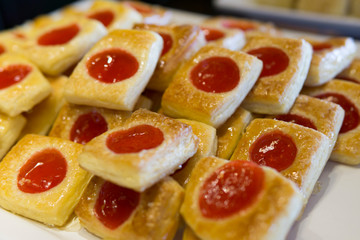 Strawberry danish pie ready to serve. soft focus