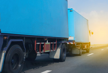Truck on highway road with blue container, transportation concept.,import,export logistic industrial Transporting Land transport on the asphalt expressway