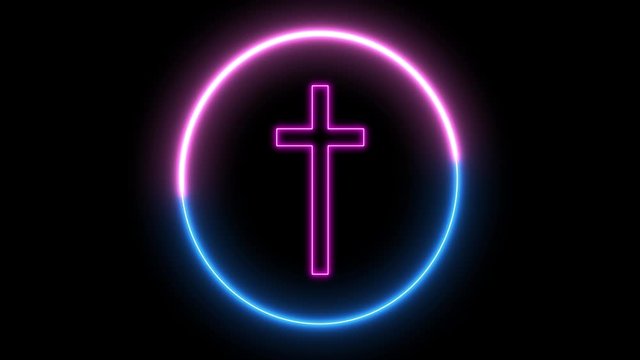 Neon crucfix, religion concept. Inside swirling round, sign of Christianity. 