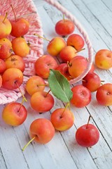 Delicious,ripe Ranetki-small apples on wooden background.