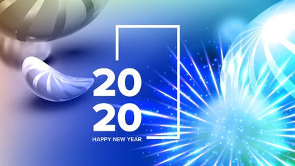 Beautiful Invitation Card Celebrating 2020 Vector. Realistic Bright Fireworks, Sphere And White 2020 Two Thousand Twenty Frame Invite On Party. Stylish Colorful Horizontal Postcard 3d Illustration