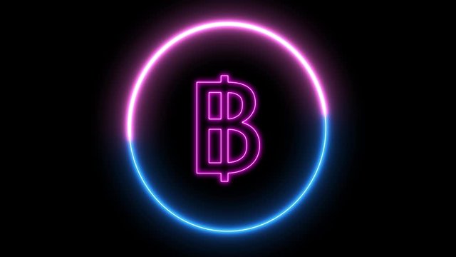Neon bitcoin symbol, Concept of new money of technology. Glowing led light and swirling round with BTC symbol.