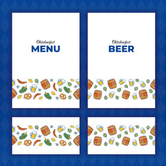 Vector oktoberfest banner template set. Poster and border frame with colorful holiday bavarian retro style food and beverages icons. Design for card, invitation, beer menu, label, ad, event.