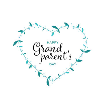 Vector flat grandparents day holiday banner template. Black text in heart shape frame of leafs and berries isolated on white background. Design for poster, invitation, card, greeting, congratulation.