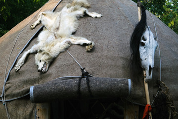 Wolf on the roof of a nomadic dwelling. Cow skull and hide of a dead wolf with a head like a talisman against evil spirits.