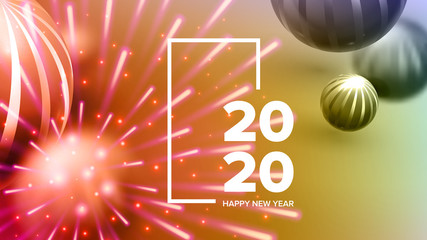 Beautiful Invitation Card Celebrating 2020 Vector. Realistic Bright Fireworks, Sphere And White 2020 Two Thousand Twenty Frame Invite On Party. Stylish Colorful Horizontal Postcard 3d Illustration