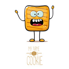 vector funny hand drawn square cracker homemade chip cookie character isolated on white background. My name is cookie concept illustration. funky food character or bakery label mascot