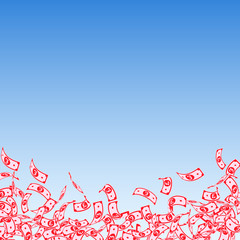 British pound notes falling. Small GBP bills on bl