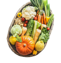 Various organic vegetables and ingredients in tray, isolated on white background. Low carb veggies. Clean organic farm vegetables. Healthy food. Local market products. Harvested vegetables. Pumpkin