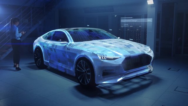 Female Automotive Engineer Uses Digital Tablet with Augmented Reality for Car Design Improvement. 3D Graphics Visualization Shows Fully Developed Vehicle Prototype Analysed and Optimized in Real Time