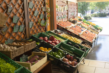 fruit and vegetable stall in summer with a large selection of beautiful products