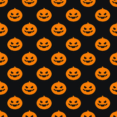 Vector seamless Halloween pattern with scary pumpkins on black background. Simple halloween design for greeting card, gift box, wallpaper, fabric, web design.
