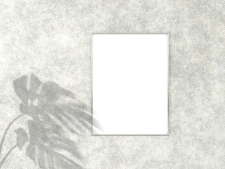 3x4 vertical Chrome frame for photo or picture mockup on concrete background with shadow of monstera leaves. 3D rendering.