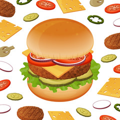 Burger with different fresh ingredients on white background. Object for packaging, advertisements, menu. Vector illustration. Cartoon.