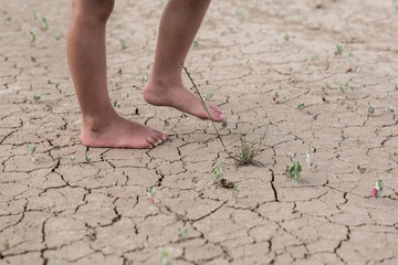 Bare feet of a child walk on dried cracked earth. The concept of lack of water, thirst.