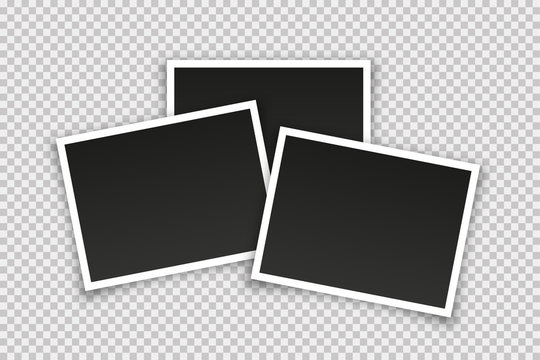 Empty vector photo frames isolated in trendy realistic design. Vector retro photo pictures on transparent background with shadows.
