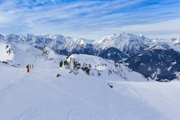 Fototapeta na wymiar Austrian Alps in winter. Zillertal Arena mountain landscape at Tirol, Top of Europe
