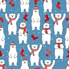 Seamless pattern with cute polar bears in simple cartoon style with christmas soks.