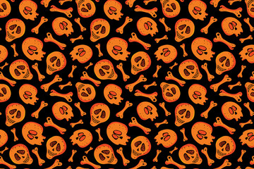 Seamless skull and bone pattern on black background in vector. Background of orange skeleton. Bright design for textile, paper, Wallpaper, packaging. Festive decoration Halloween