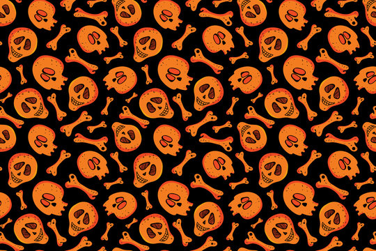 Seamless skull and bone pattern on black background in vector. Background of orange skeleton. Bright design for textile, paper, Wallpaper, packaging. Festive decoration Halloween