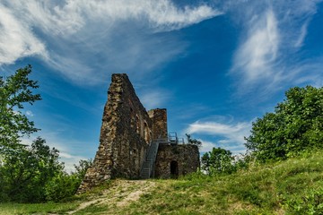 Krasikov, Kokasice / Czech Republic - August 9 2019: Remains of stone Svamberk castle from 13th century. Bright sunny day with blue sky and white clouds. Green grass and trees around.