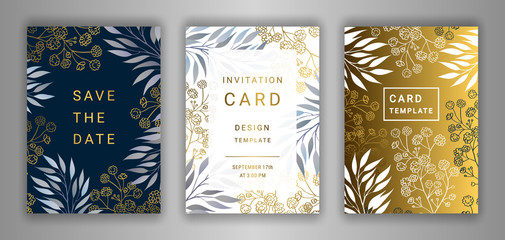 Wedding invitation card template EPS 10 vector set. Elegant eucalyptus branches, leaves, gypsophila flower background. Save the date phrase. Black, white, gold decor.
